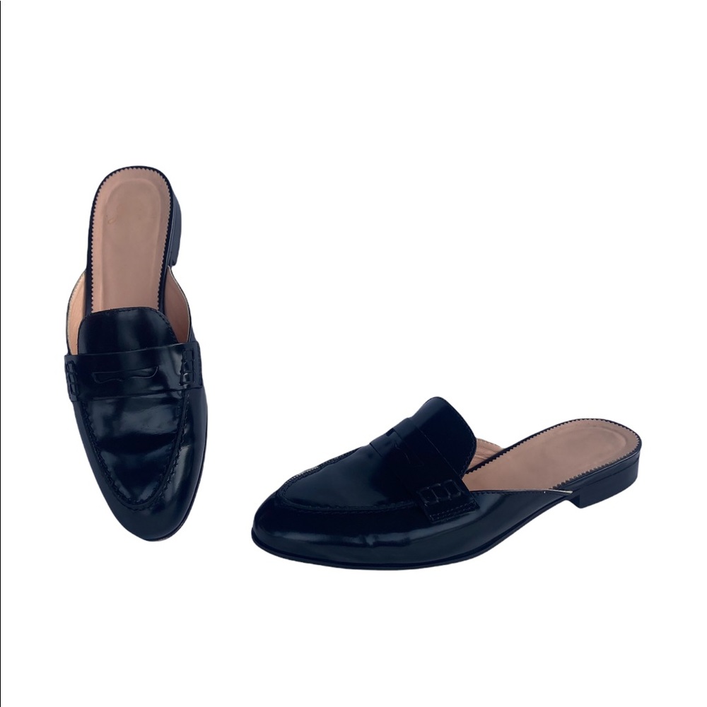 J Crew Academy Black patent leather open back Loafers